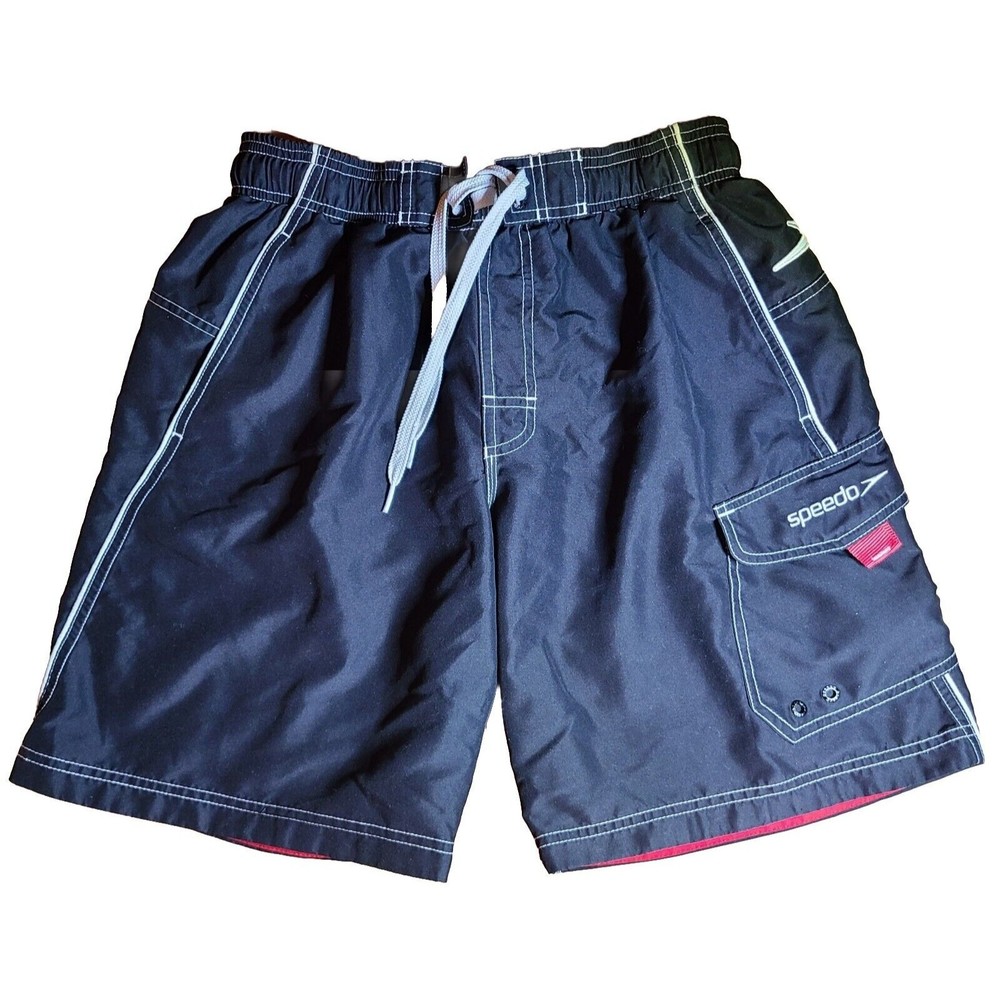 Speedo Mens Black Swim Trunks Size S with Interior Mesh, 2 Pockets + 1 Cargo!